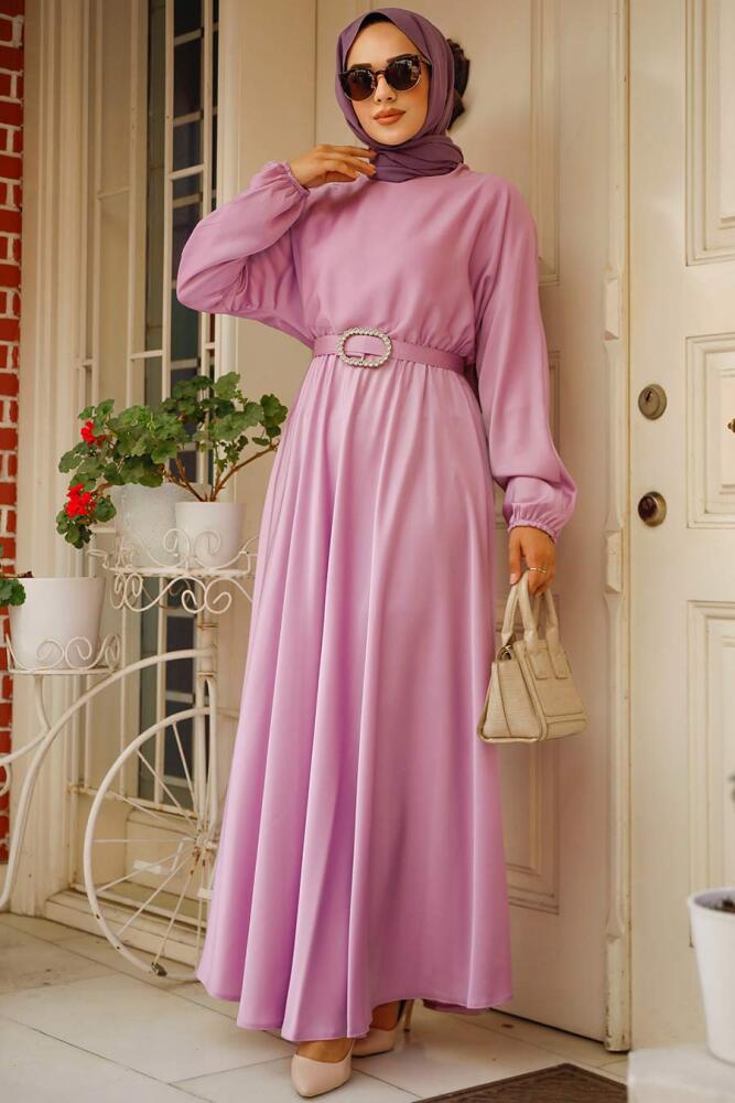 Neva Style - Lila Saten Tesettür Elbise 5727LILA - 1