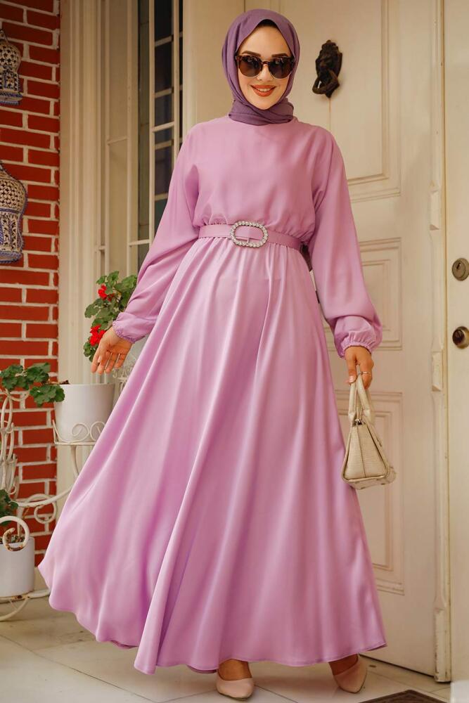 Neva Style - Lila Saten Tesettür Elbise 5727LILA - 3