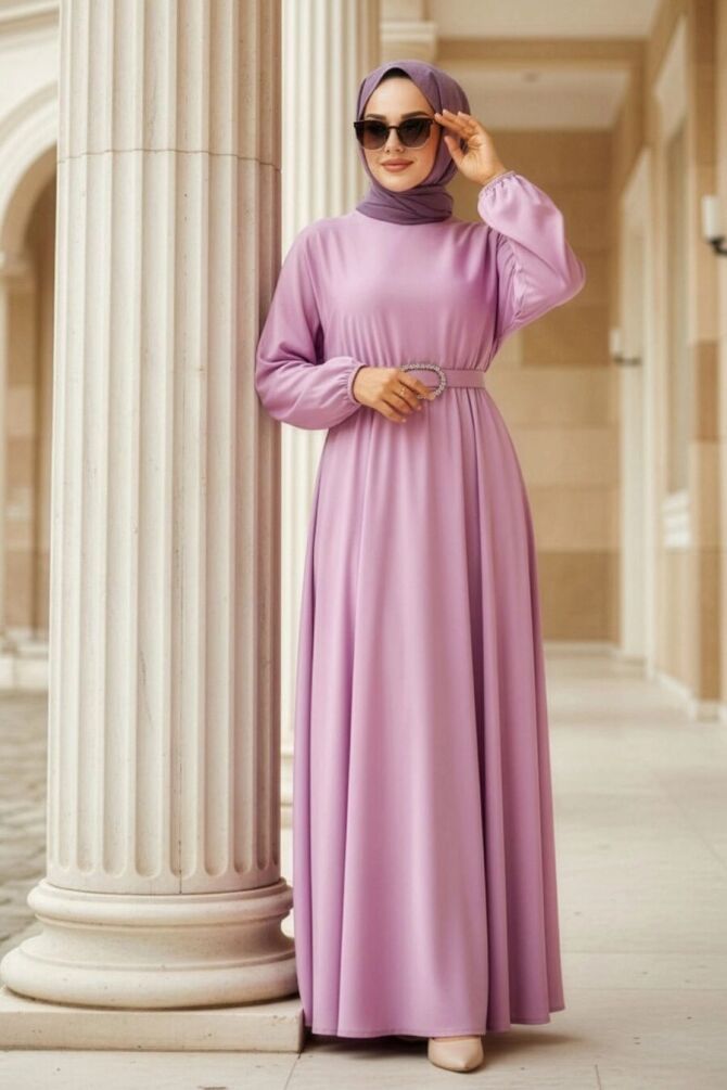  Lila Saten Tesettür Elbise 5727LILA - NEVA STYLE