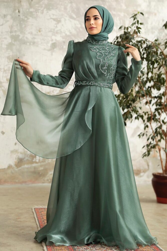 Neva Style - Long Almond Green Hijab Engagement Dress 3824CY - 1