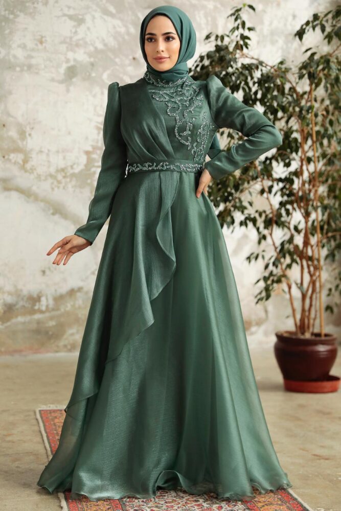 Neva Style - Long Almond Green Hijab Engagement Dress 3824CY - 2