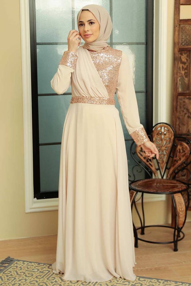 Neva Style - Long Beige Muslim Bridal Dress 57930BEJ - 2