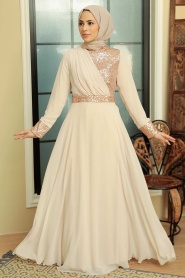 Neva Style - Long Beige Muslim Bridal Dress 57930BEJ - Thumbnail
