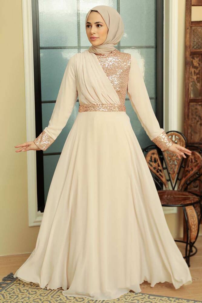 Neva Style - Long Beige Muslim Bridal Dress 57930BEJ - 1