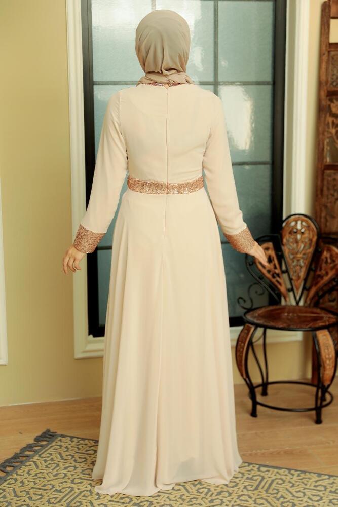 Neva Style - Long Beige Muslim Bridal Dress 57930BEJ - 3