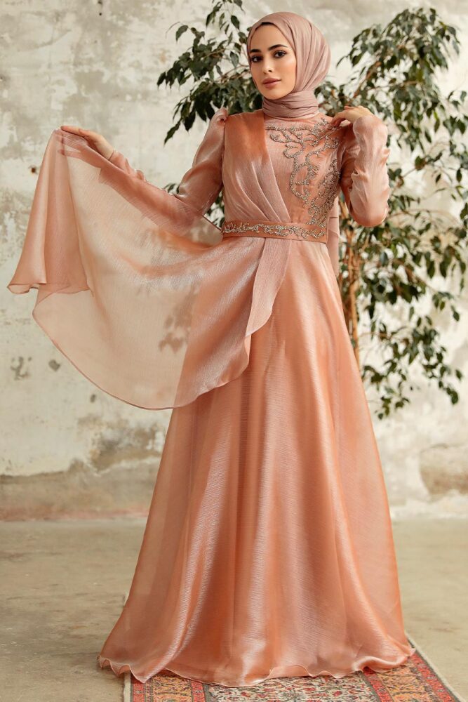 Neva Style - Long Biscuit Hijab Engagement Dress 3824BS - 2