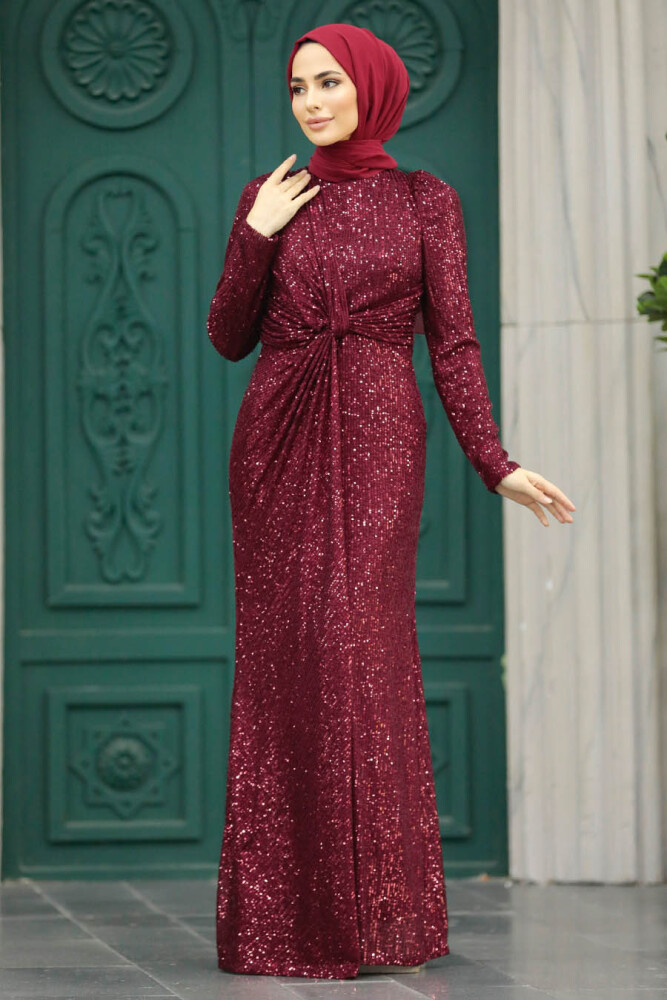 Long Claret Red Islamic Engagement Dress 40831BR - 1