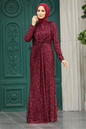 Long Claret Red Islamic Engagement Dress 40831BR - 2