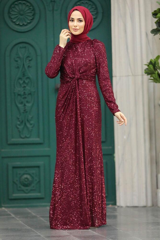 Long Claret Red Islamic Engagement Dress 40831BR - 2