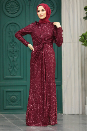 Long Claret Red Islamic Engagement Dress 40831BR - 3