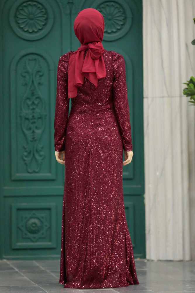 Long Claret Red Islamic Engagement Dress 40831BR - 4