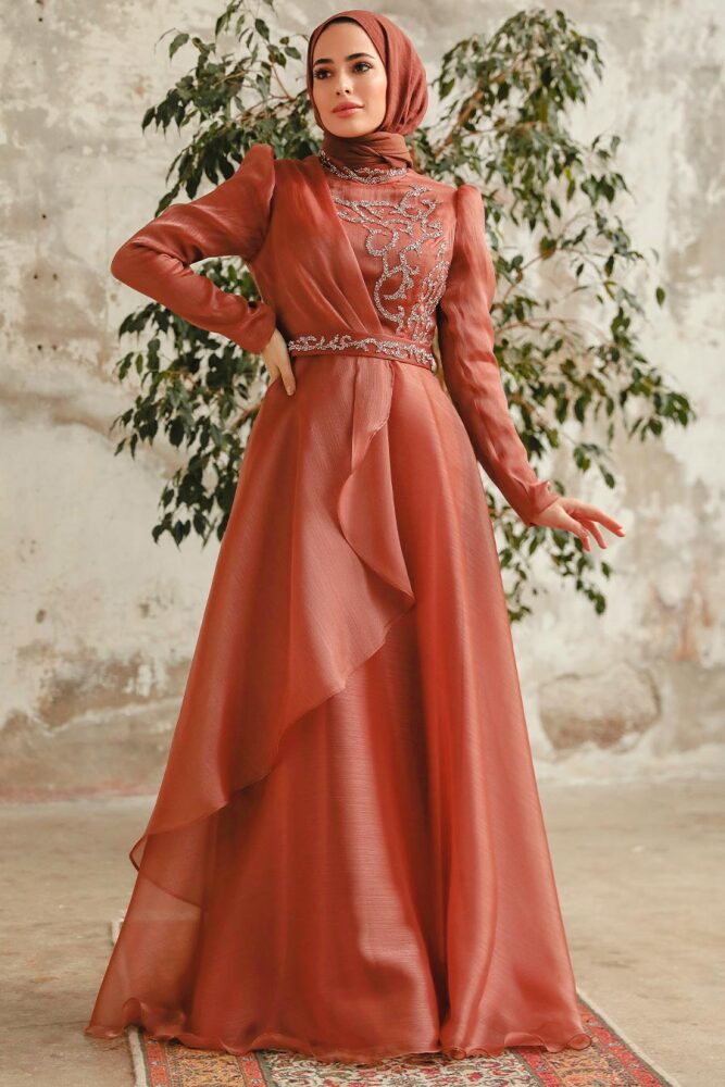 Neva Style - Long Copper Hijab Engagement Dress 3824BKR - 2