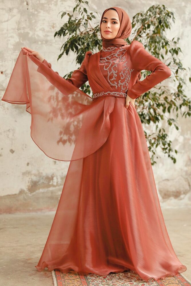 Neva Style - Long Copper Hijab Engagement Dress 3824BKR - 1