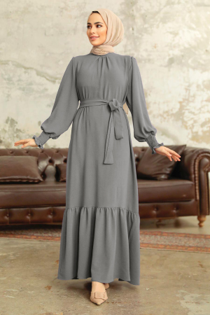 Long Dark Grey Hijab Dress 5972KGR - 1