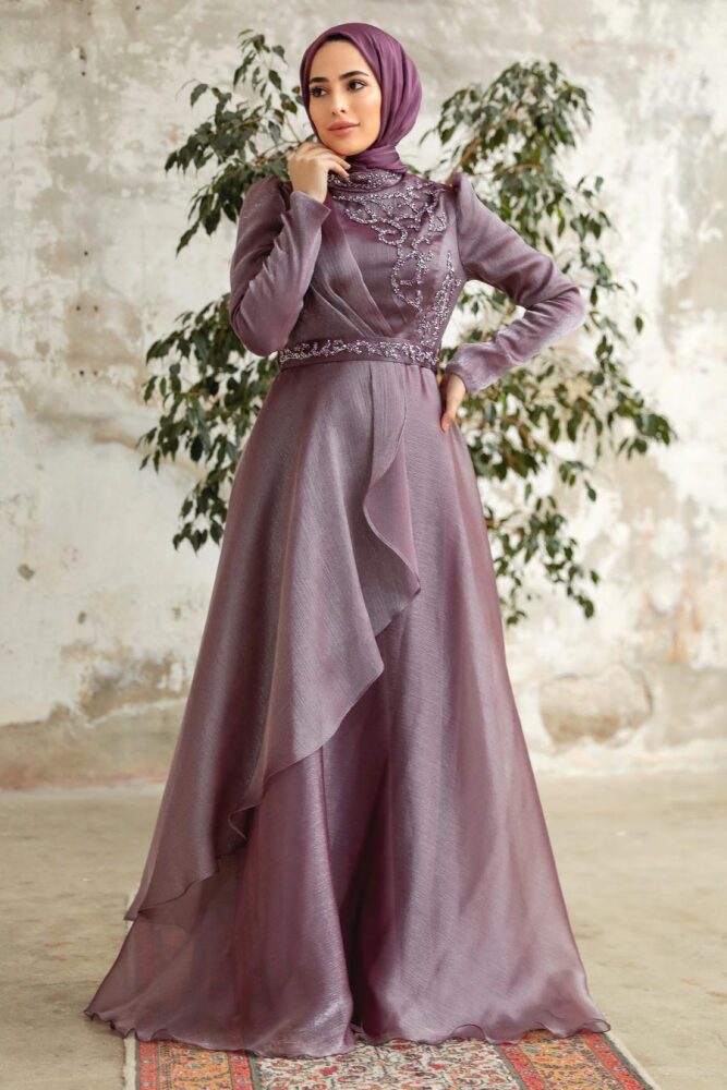 Neva Style - Long Dark Lila Hijab Engagement Dress 3824KLILA - 2