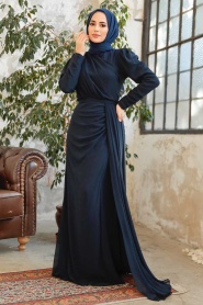 Neva Style - Long Dark Navy Blue Islamic Wedding Dress 5736KL - Thumbnail