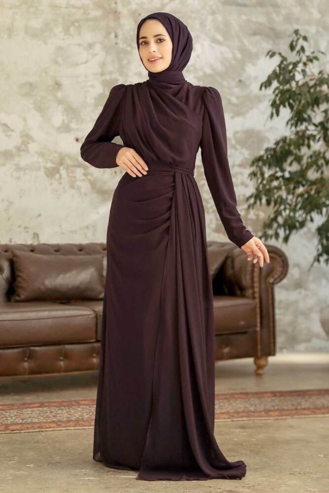 Neva Style - Long Dark Purple Islamic Wedding Dress 5736KMOR - 1