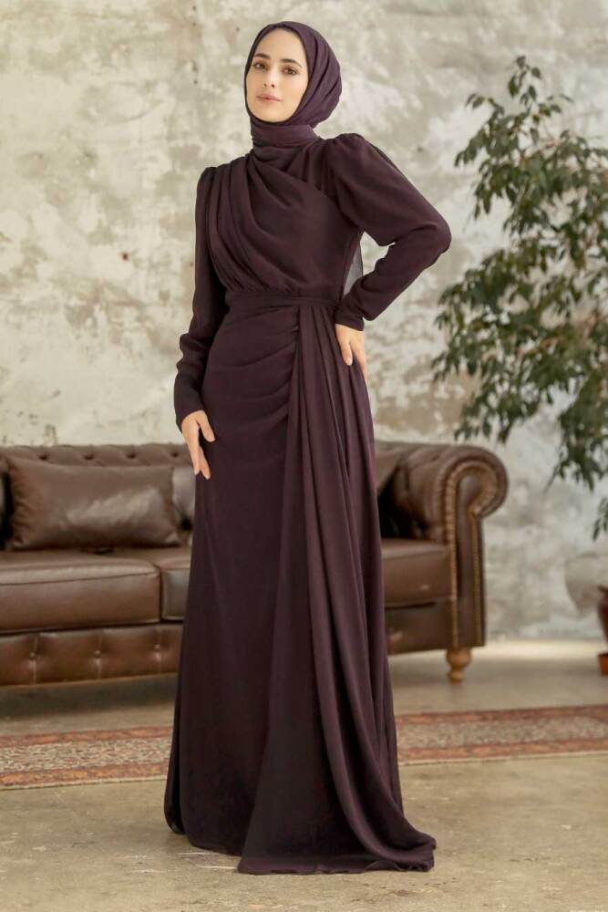 Neva Style - Long Dark Purple Islamic Wedding Dress 5736KMOR - 2