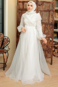 Neva Style - Long Ecru Hijab Evening Dress 22331E - Thumbnail