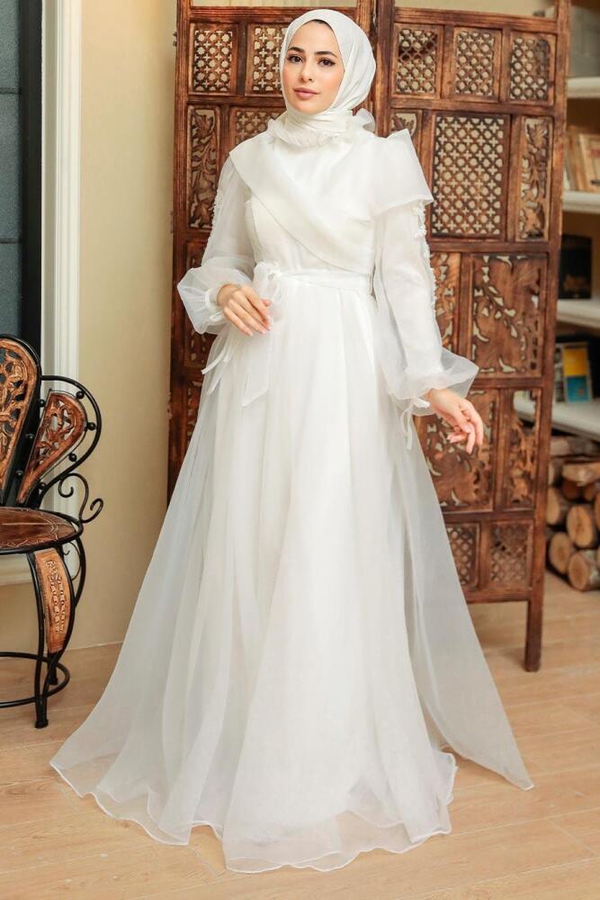 Neva Style - Long Ecru Hijab Evening Dress 22331E - 2