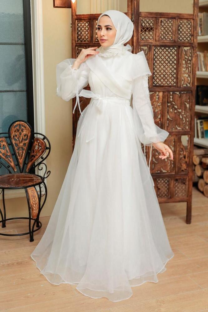 Neva Style - Long Ecru Hijab Evening Dress 22331E - 1