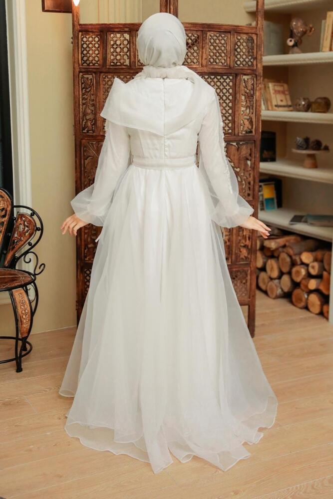 Neva Style - Long Ecru Hijab Evening Dress 22331E - 3