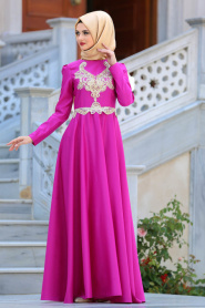 Neva Style - Long Fuchsia Islamic Long Sleeve Dress 2694F - Thumbnail