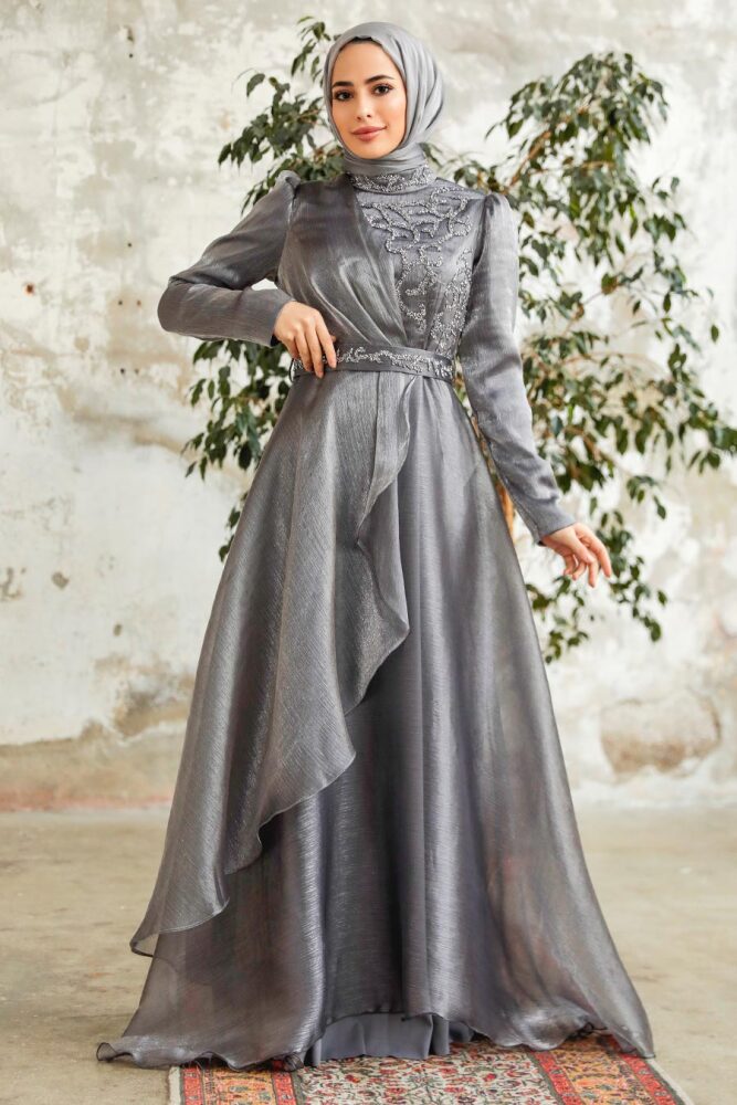 Neva Style - Long Grey Hijab Engagement Dress 3824GR - 1