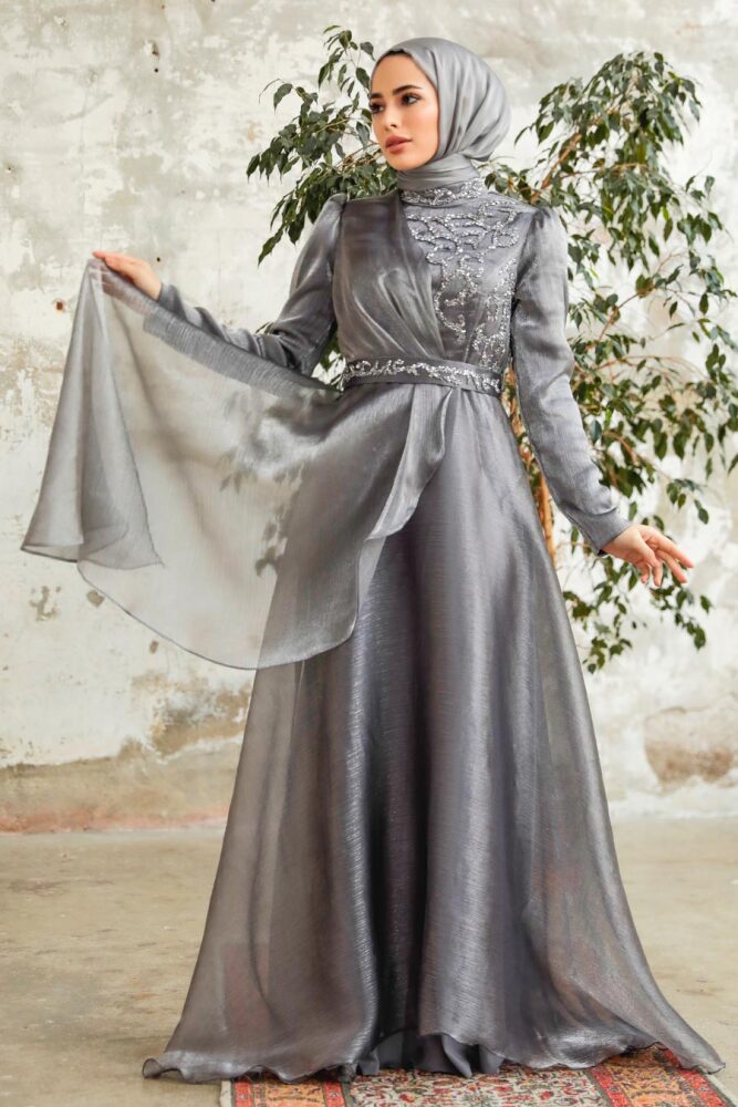 Neva Style - Long Grey Hijab Engagement Dress 3824GR - 2
