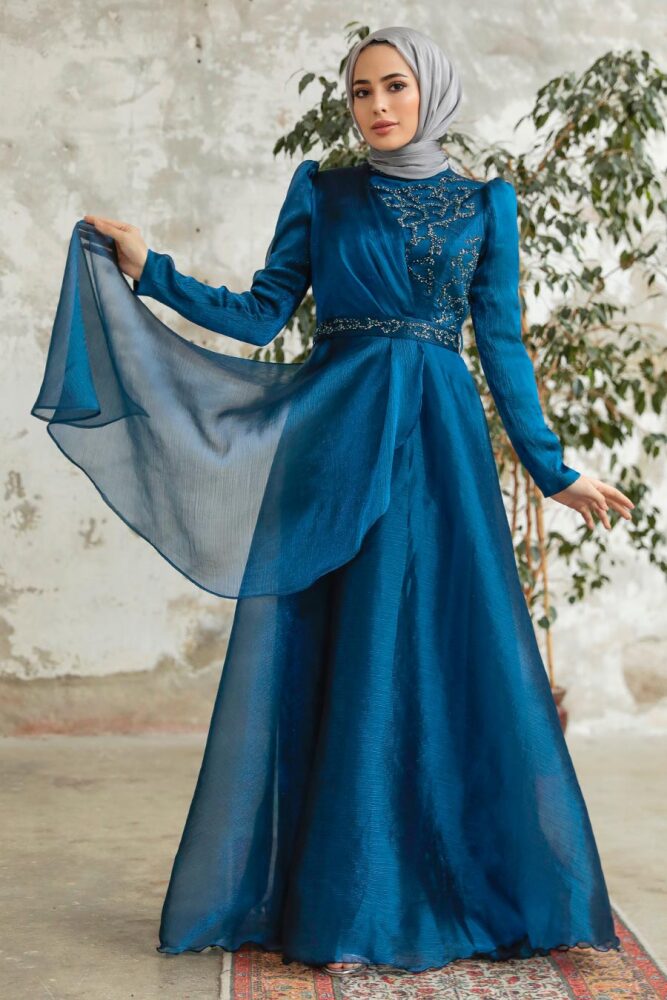 Neva Style - Long Indigo Blue Hijab Engagement Dress 3824IM - 2