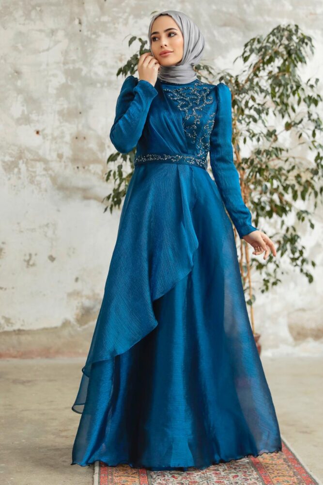 Neva Style - Long Indigo Blue Hijab Engagement Dress 3824IM - 1