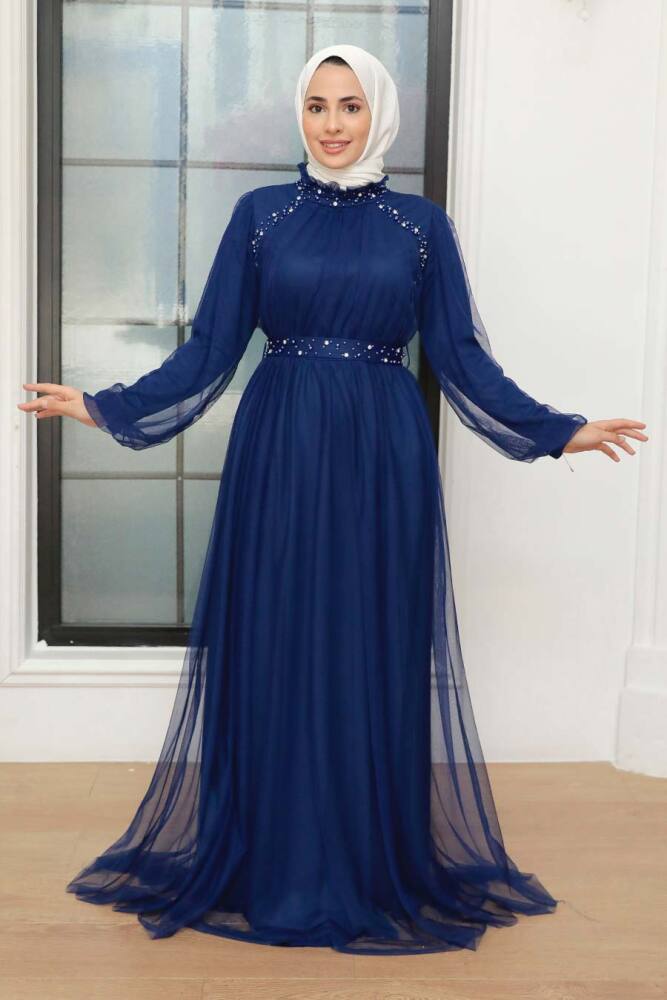 Neva Style - Long İndigo Blue Islamic Wedding Gown 22041IM - 3
