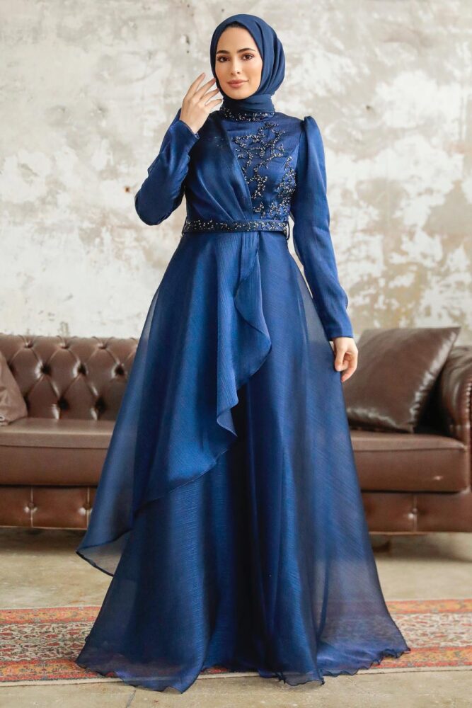 Neva Style - Long Navy Blue Hijab Engagement Dress 3824L - 1