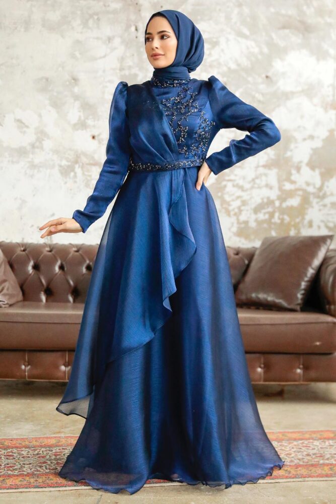 Neva Style - Long Navy Blue Hijab Engagement Dress 3824L - 2