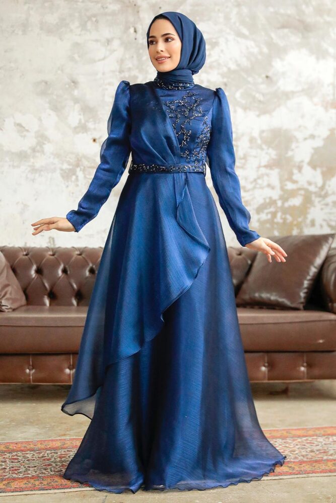 Neva Style - Long Navy Blue Hijab Engagement Dress 3824L - 3