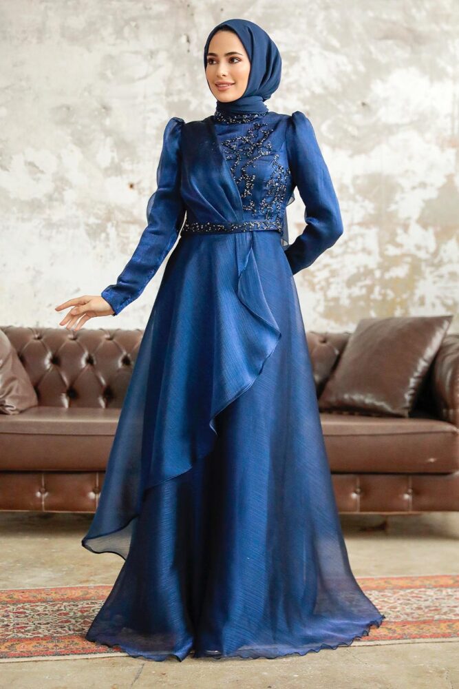 Neva Style - Long Navy Blue Hijab Engagement Dress 3824L - 4