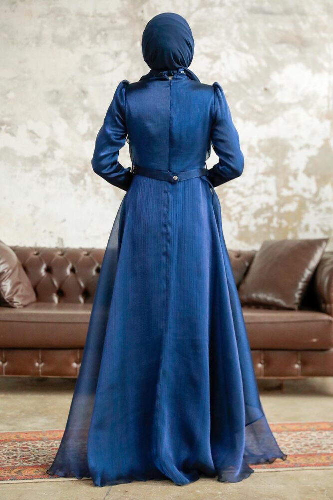 Neva Style - Long Navy Blue Hijab Engagement Dress 3824L - 5
