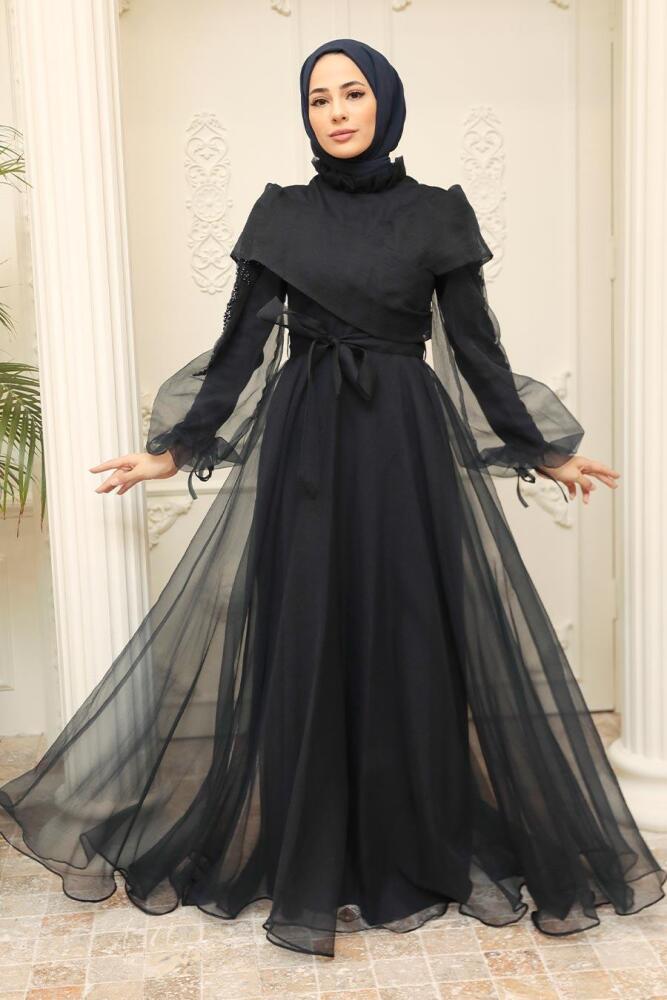 Neva Style - Long Navy Blue Hijab Evening Dress 22331L - 1