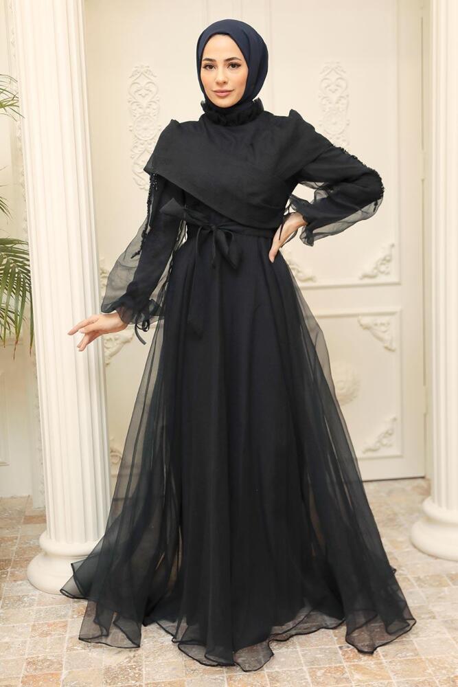 Neva Style - Long Navy Blue Hijab Evening Dress 22331L - 2