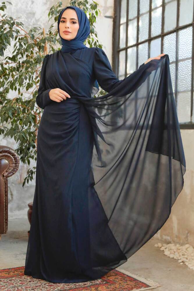 Neva Style - Long Navy Blue Islamic Wedding Dress 5736L - 4