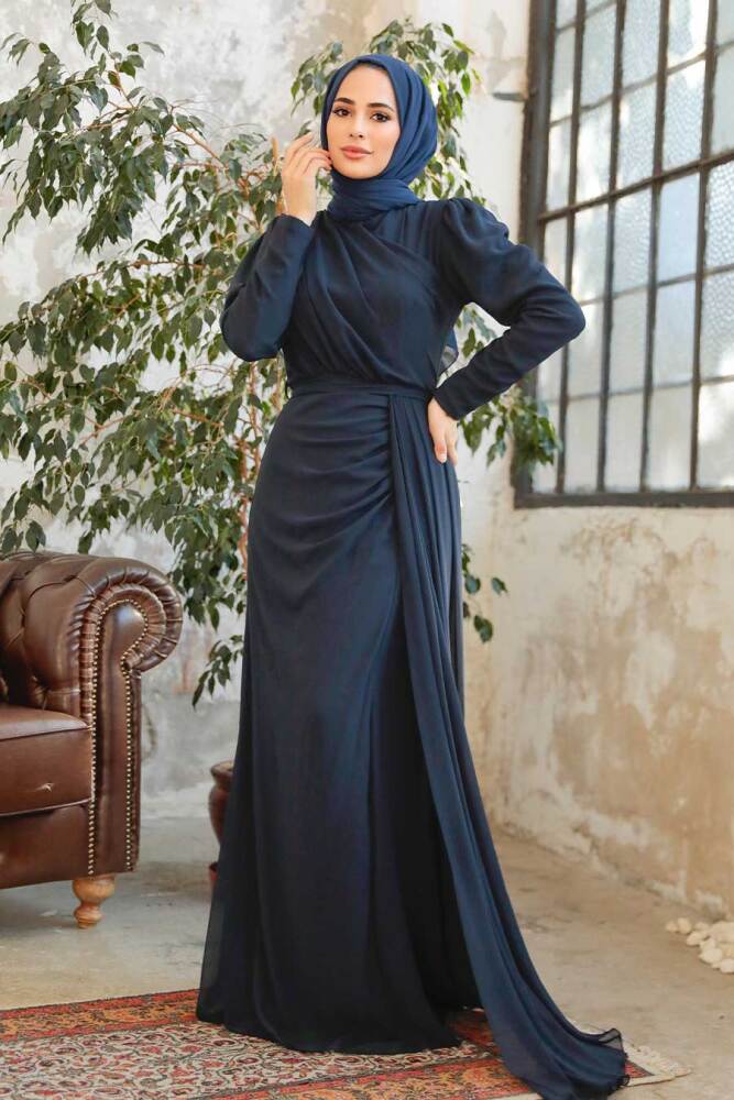 Neva Style - Long Navy Blue Islamic Wedding Dress 5736L - 3