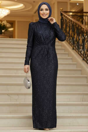 Long Navy Blue Modest Wedding Dress 3976L - 1