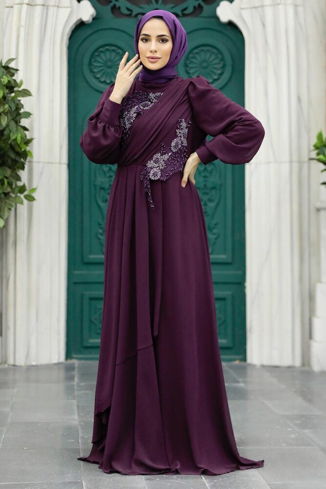 Neva Style - Long Plum Color Hijab Prom Dress 25838MU - 1