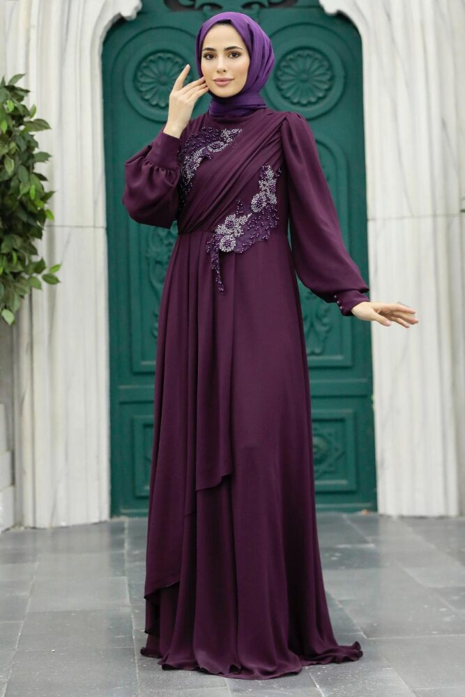 Neva Style - Long Plum Color Hijab Prom Dress 25838MU - 2