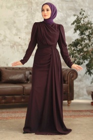 Neva Style - Long Plum Color Islamic Wedding Dress 5736MU - Thumbnail