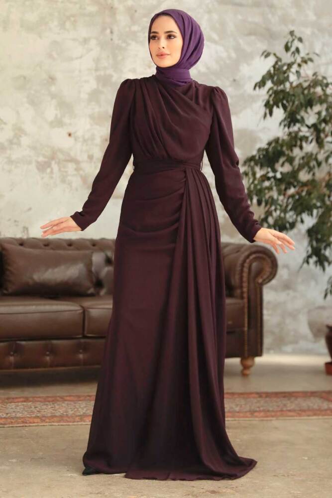 Neva Style - Long Plum Color Islamic Wedding Dress 5736MU - 1