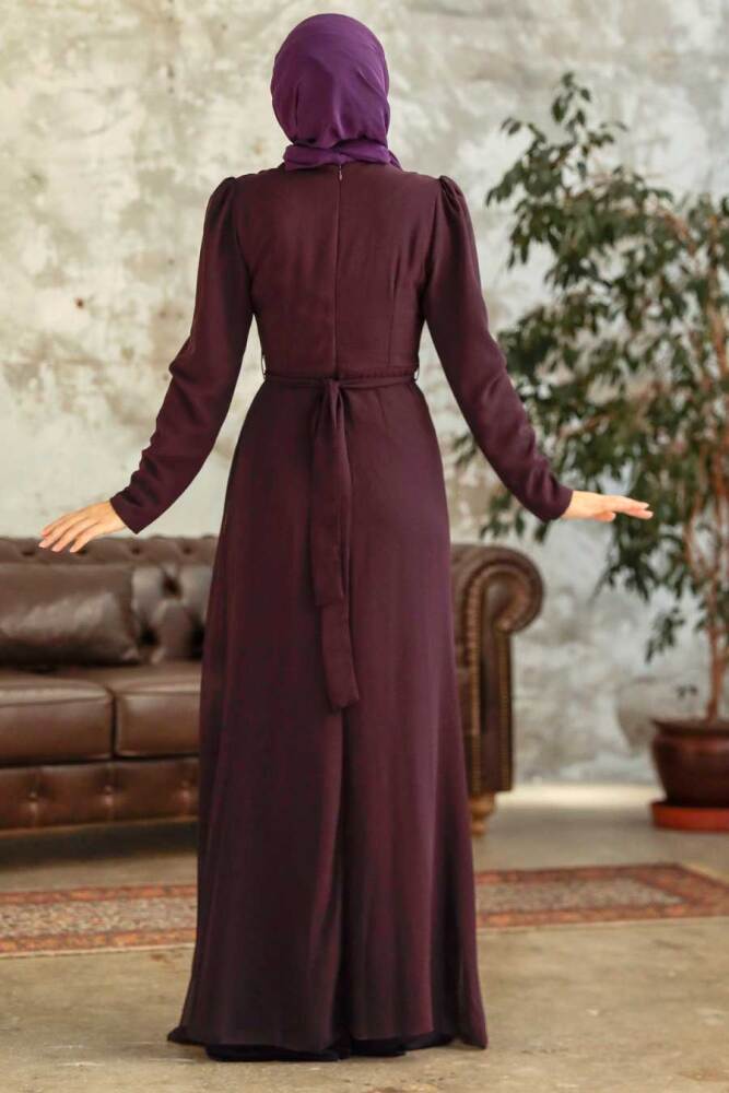 Neva Style - Long Plum Color Islamic Wedding Dress 5736MU - 3