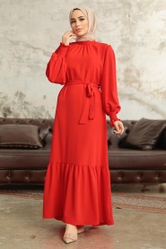 Neva Style - Long Pomegranate Flower Hijab Dress 5972NC - Thumbnail