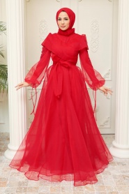 Neva Style - Long Red Hijab Evening Dress 22331K - Thumbnail