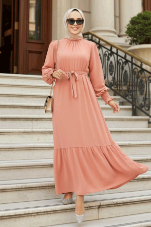 Long Salmon Pink Hijab Dress 5972SMN - 1